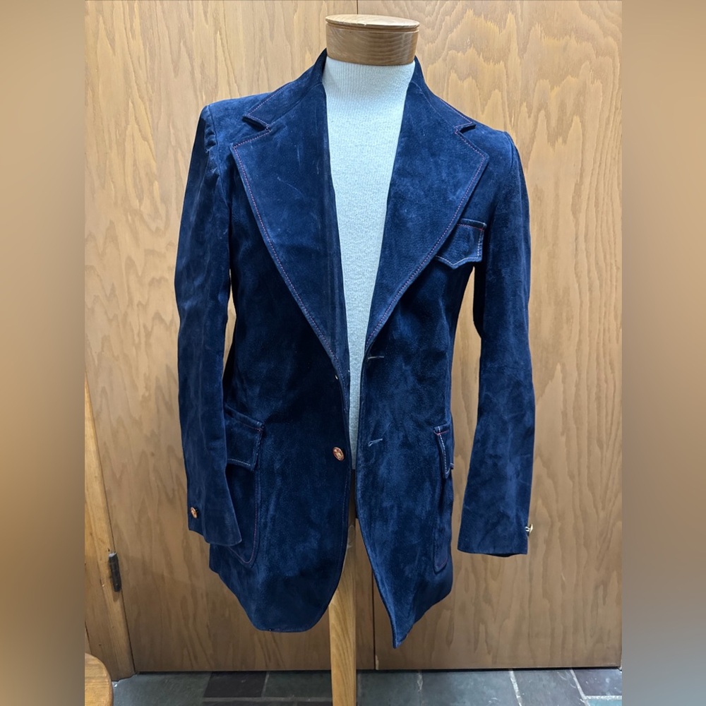 VTG 1970s Suede Leather Men’s Blazer Sport Coat 40L Navy Blue